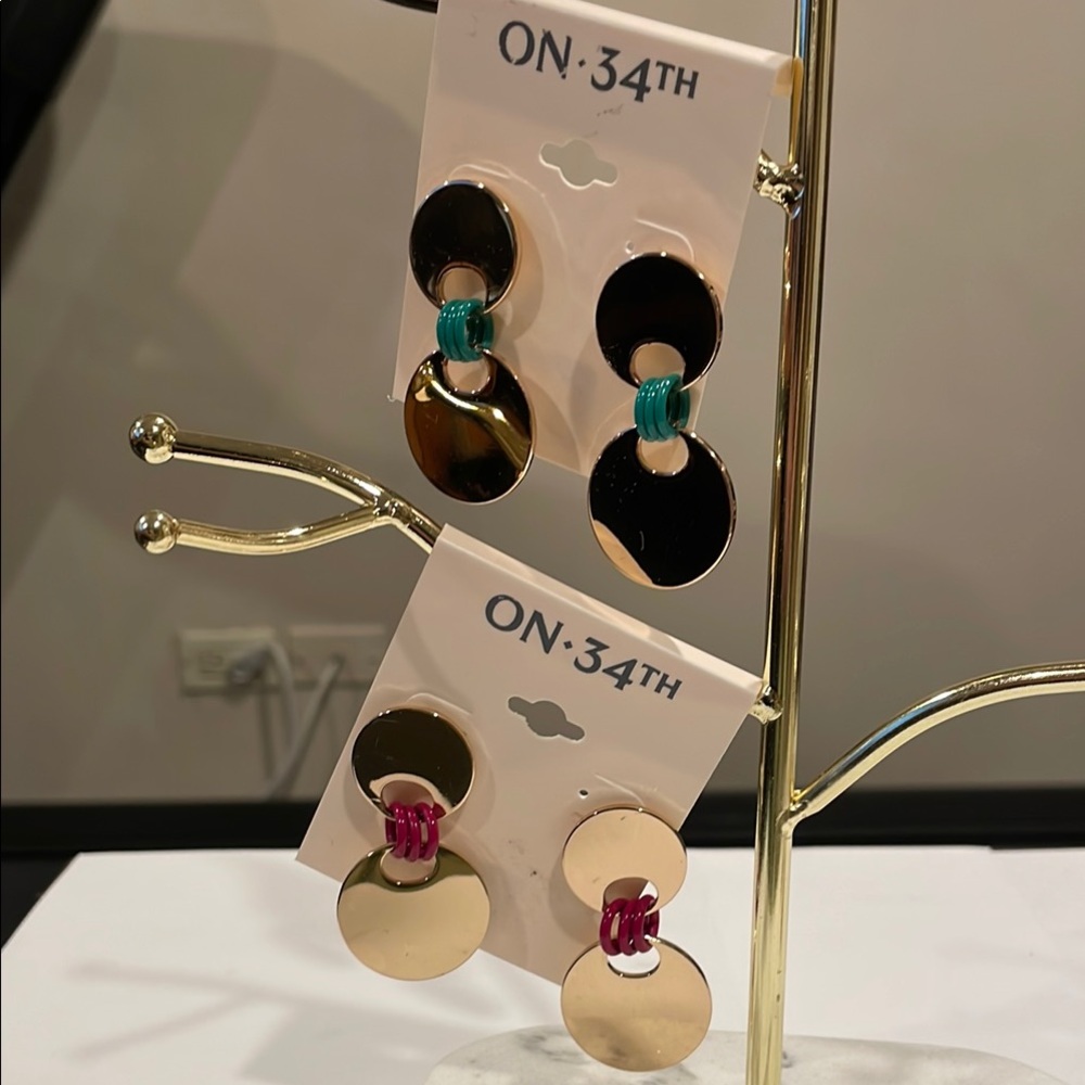 On 34th Earring Bundle 2 Pairs Gold Metal Earrings with Green & Pink Accents NWT